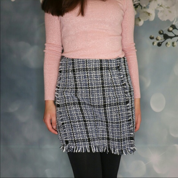 1 Left! Tweed Plaid Mini Skirt w/ Distressed Hem - Picture 5 of 7